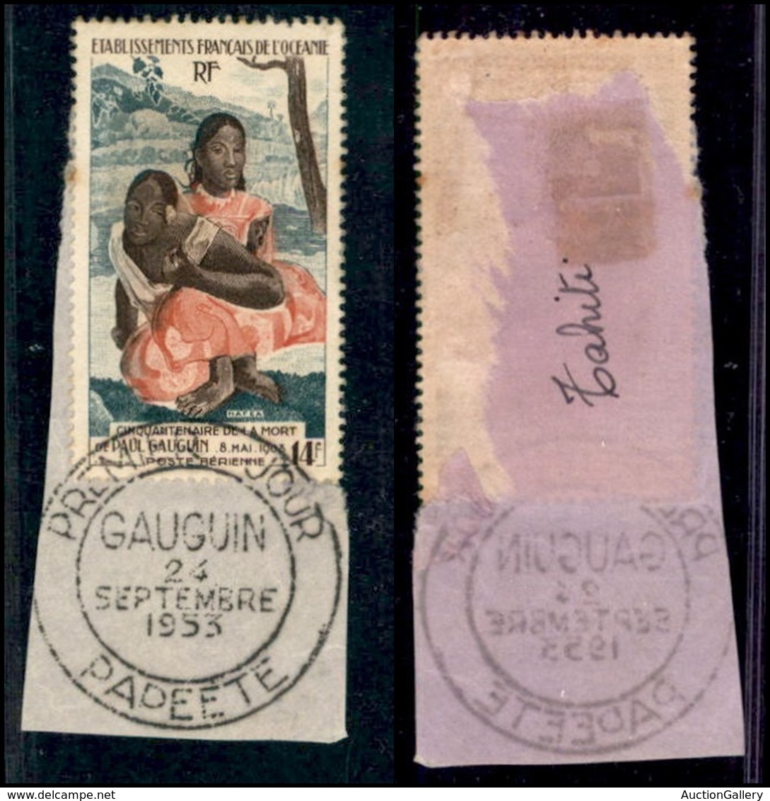 OLTREMARE - POLINESIA FRANCESE - 1953 - 14 Fr Gauguin (23) - Su Frammento Con Timbro Primo Giorno D’emissione - Andere & Zonder Classificatie