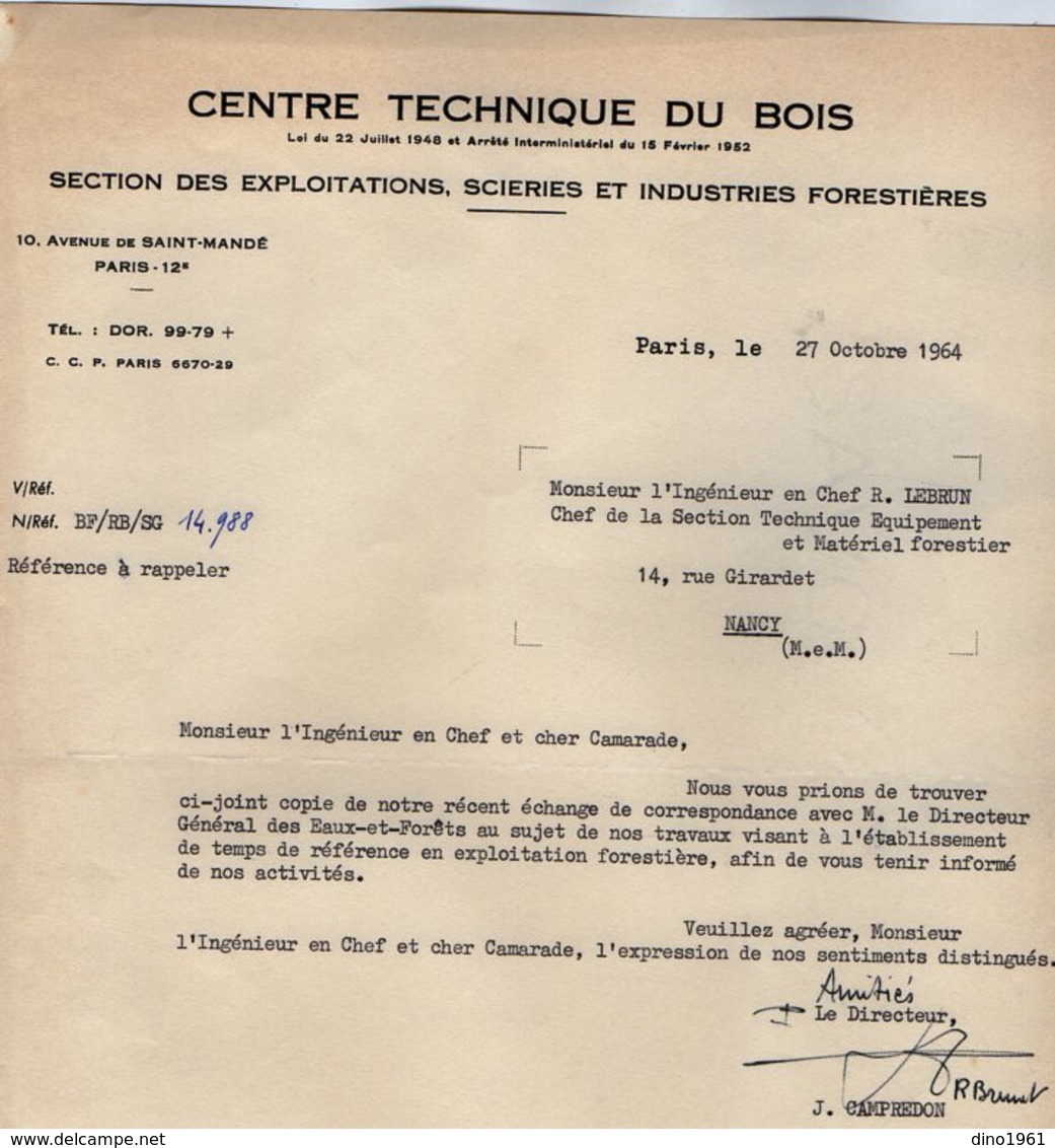 VP14.441 - PARIS 1964 - Lettre De Mr Le Directeur Du Centre Technique Du Bois à Mr LEBRUN Ingénieur En Chef ....à NANCY - Collections