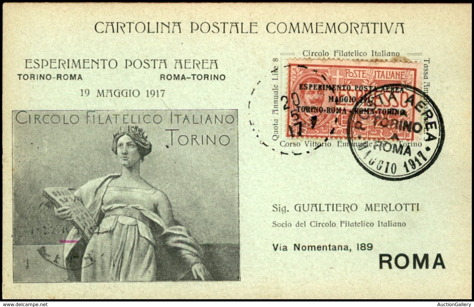 POSTA AEREA - AEROGRAMMI - PRIMI VOLI - ITALIA - 1917 (20maggio) - Torino Roma - Cartolina Speciale Del Volo - Andere & Zonder Classificatie