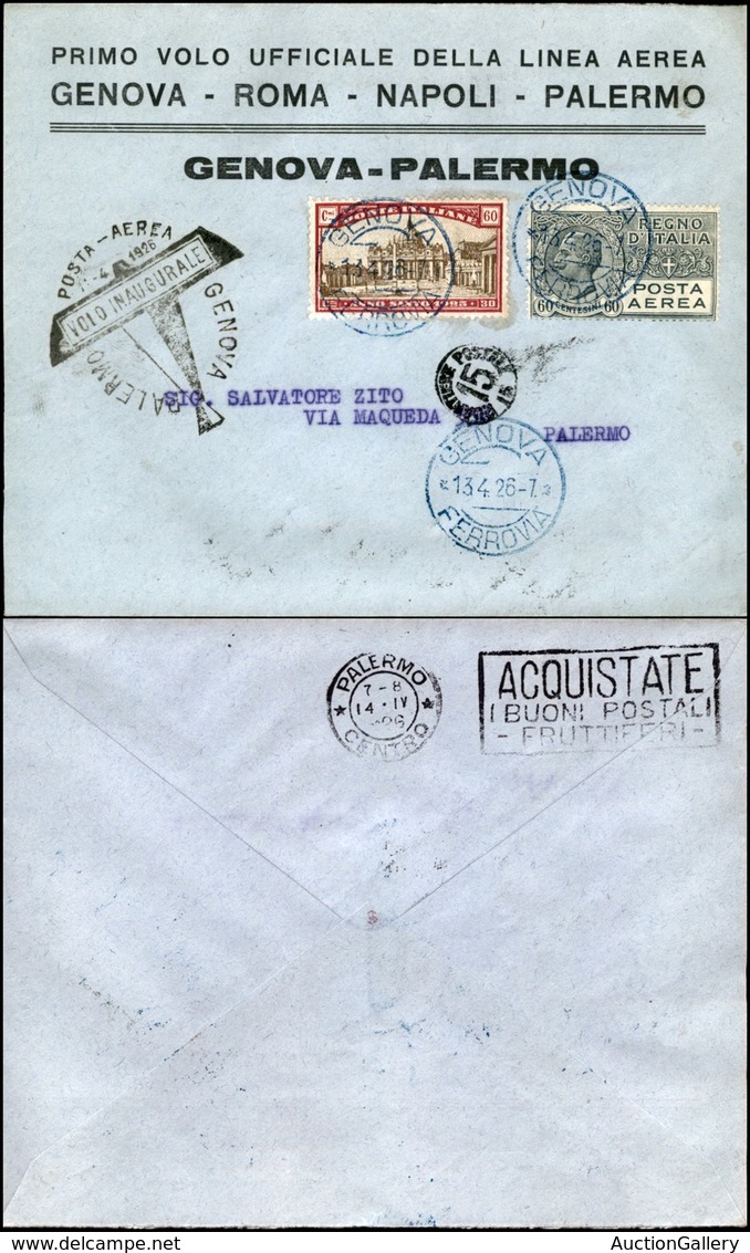 POSTA AEREA - AEROGRAMMI - PRIMI VOLI - ITALIA - 1926 (13 Aprile) - Genova Palermo - Aerogramma Del Volo - Other & Unclassified