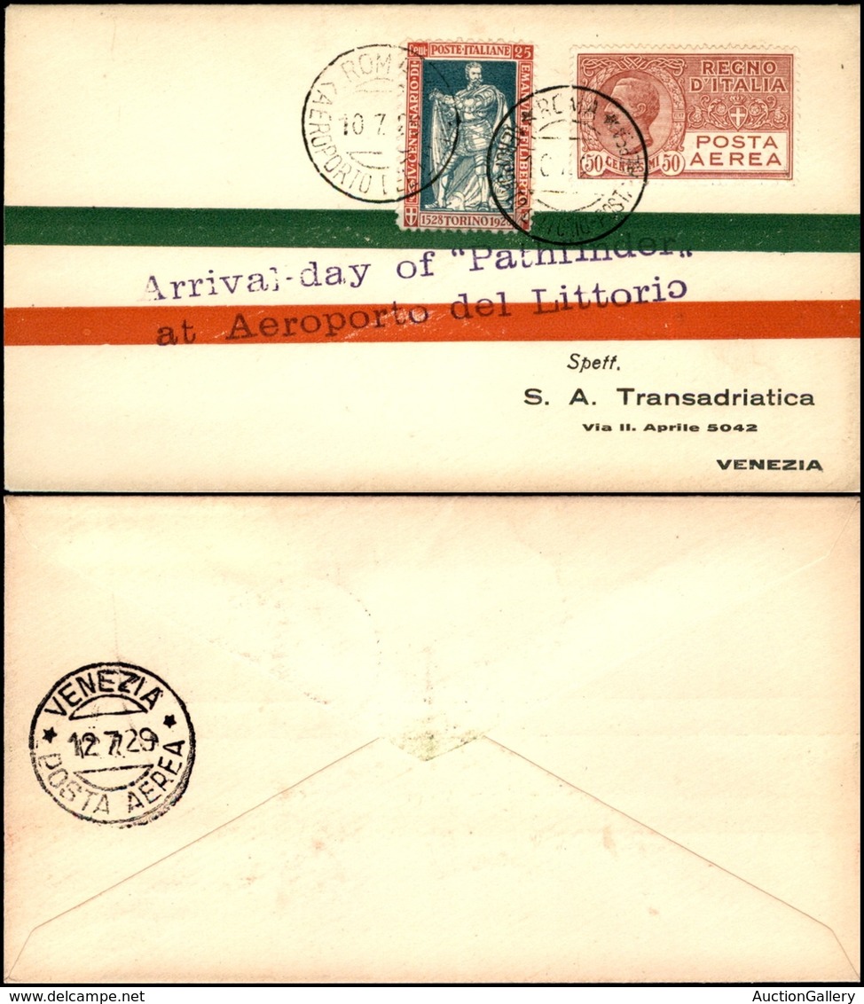 POSTA AEREA - AEROGRAMMI - PRIMI VOLI - ITALIA - 1929 (10 Luglio) - Pathfinder - Roma Venezia - Aerogramma Del Volo - Sonstige & Ohne Zuordnung