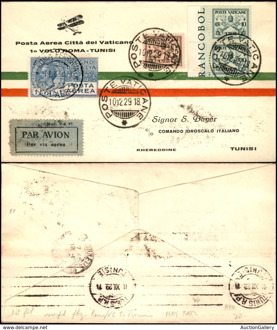 POSTA AEREA - AEROGRAMMI - PRIMI VOLI - ITALIA - 1929 (10 Dicembre) - Vaticano Tunisi - Aerogramma Del Volo - Sonstige & Ohne Zuordnung