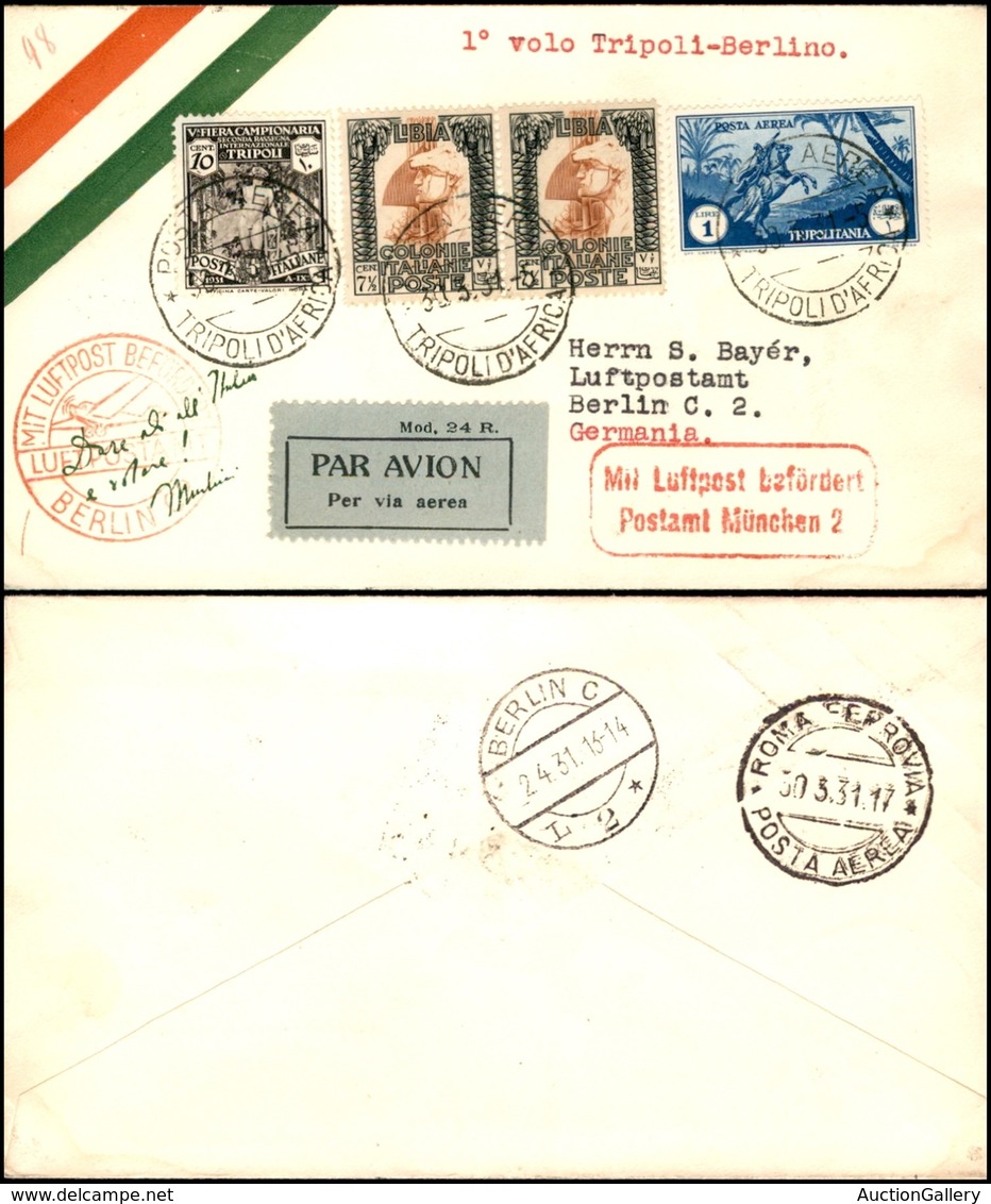 POSTA AEREA - AEROGRAMMI - PRIMI VOLI - ITALIA - 1931 (30 Marzo) - Tripoli Berlino - Aerogramma Del Volo - Andere & Zonder Classificatie