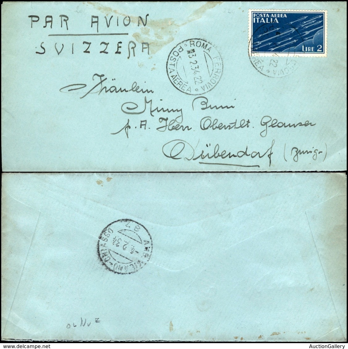 POSTA AEREA - AEROGRAMMI - PRIMI VOLI - ITALIA - 1934 (3 Febbraio) - Aerogramma Da Roma A Zurigo - Andere & Zonder Classificatie