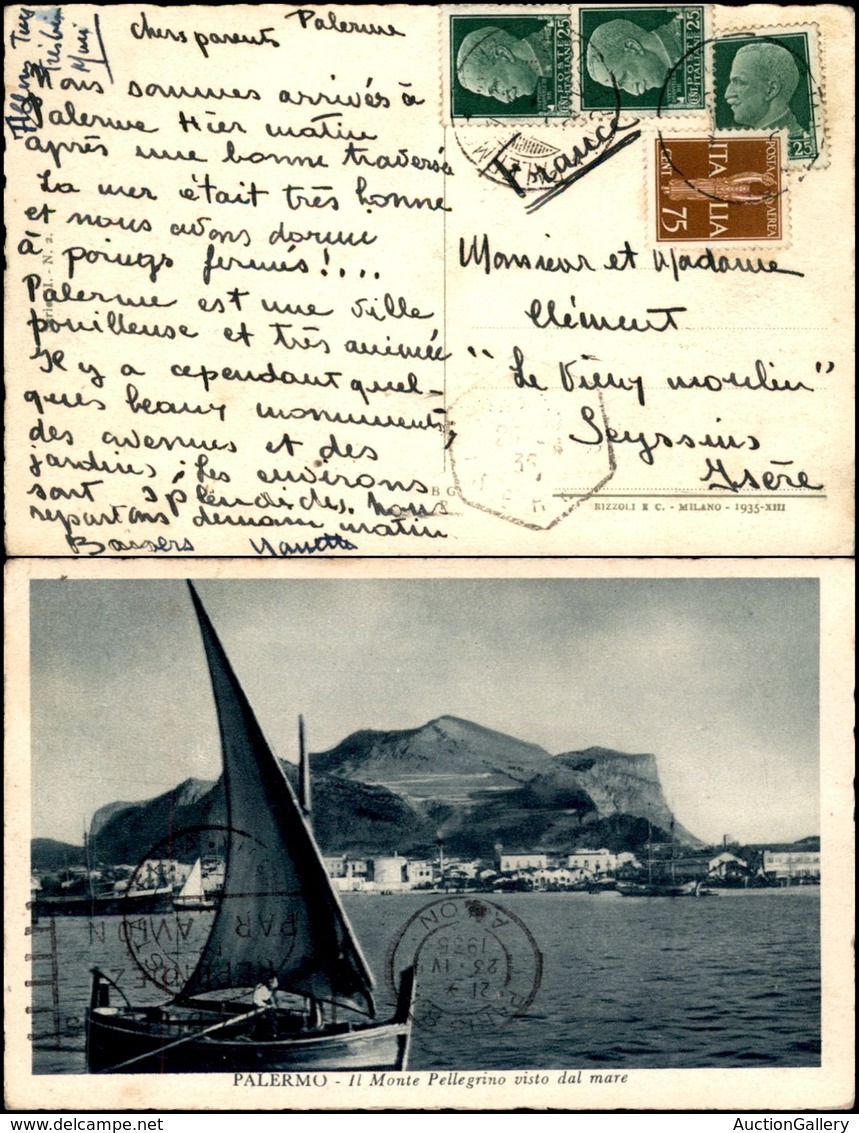 POSTA AEREA - AEROGRAMMI - PRIMI VOLI - ITALIA - 1935 (23 Aprile) - Cartolina Da Palermo A Isere Via Parigi - Other & Unclassified
