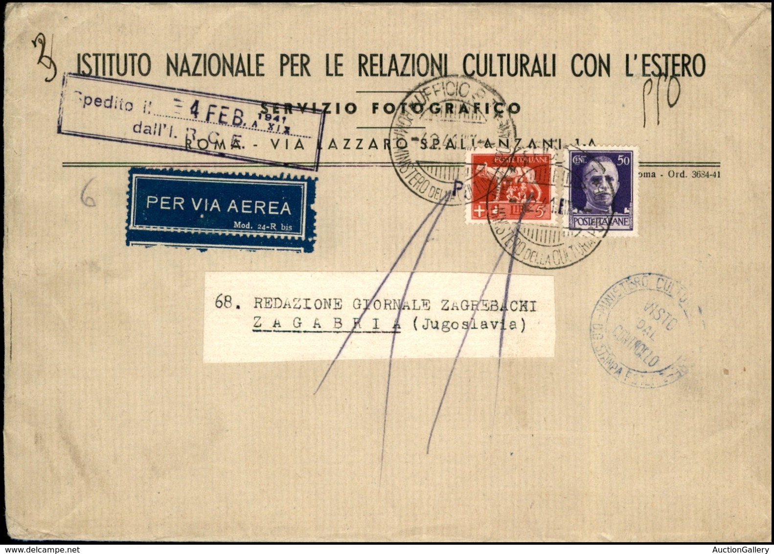 POSTA AEREA - AEROGRAMMI - PRIMI VOLI - ITALIA - 1941 (4 Febbraio) - Aerogramma Da Roma A Zagabria - Autres & Non Classés