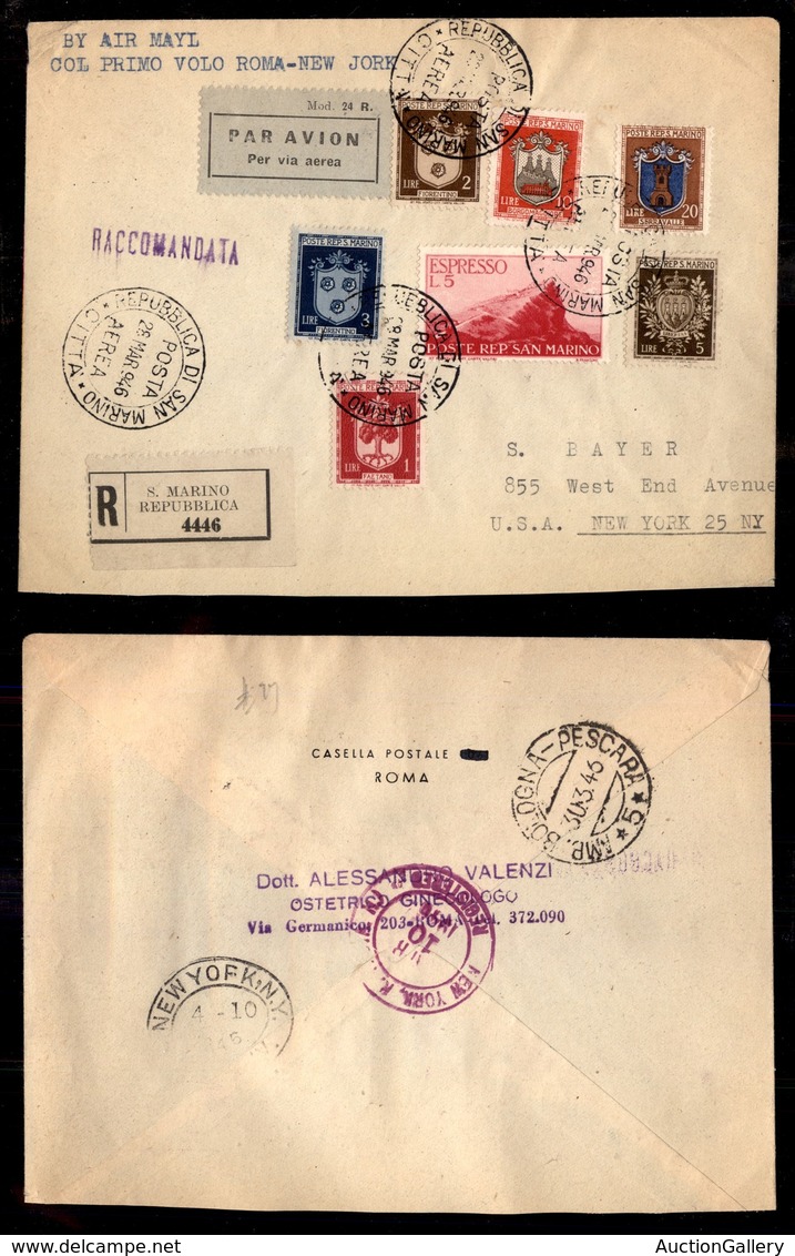 POSTA AEREA - AEROGRAMMI - PRIMI VOLI - ITALIA - 1946 (28 Marzo) - S. Marino New York - Aerogramma Raccomandato Del Volo - Andere & Zonder Classificatie