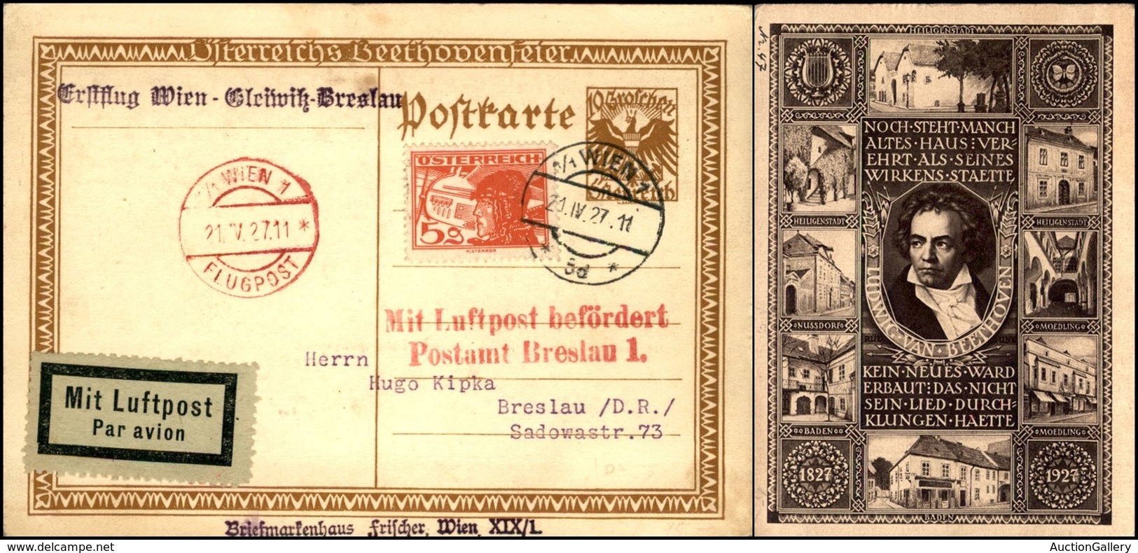 POSTA AEREA - AEROGRAMMI - PRIMI VOLI - AUSTRIA - 1927 (21 Maggio) - Wien Breslau - Aerogramma Del Volo - Andere & Zonder Classificatie