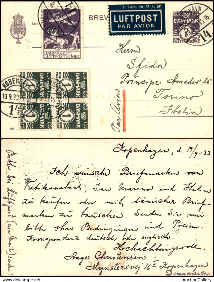 POSTA AEREA - AEROGRAMMI - PRIMI VOLI - DANIMARCA - Intero Postale Da Kobenhavn A Torino Del 19.9.33 - Other & Unclassified