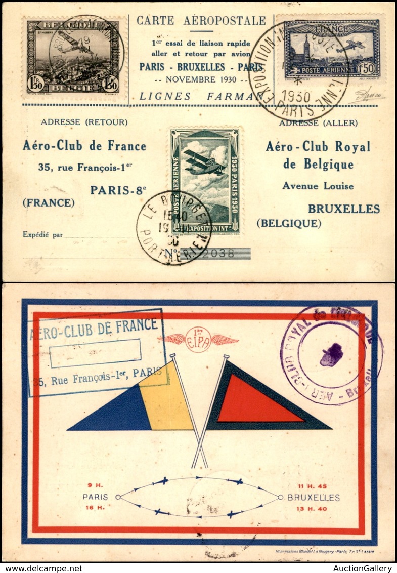 POSTA AEREA - AEROGRAMMI - PRIMI VOLI - FRANCIA - 1930 (19 Novembre) - Parigi Bruxelles Parigi - Cartolina Ufficiale Del - Sonstige & Ohne Zuordnung