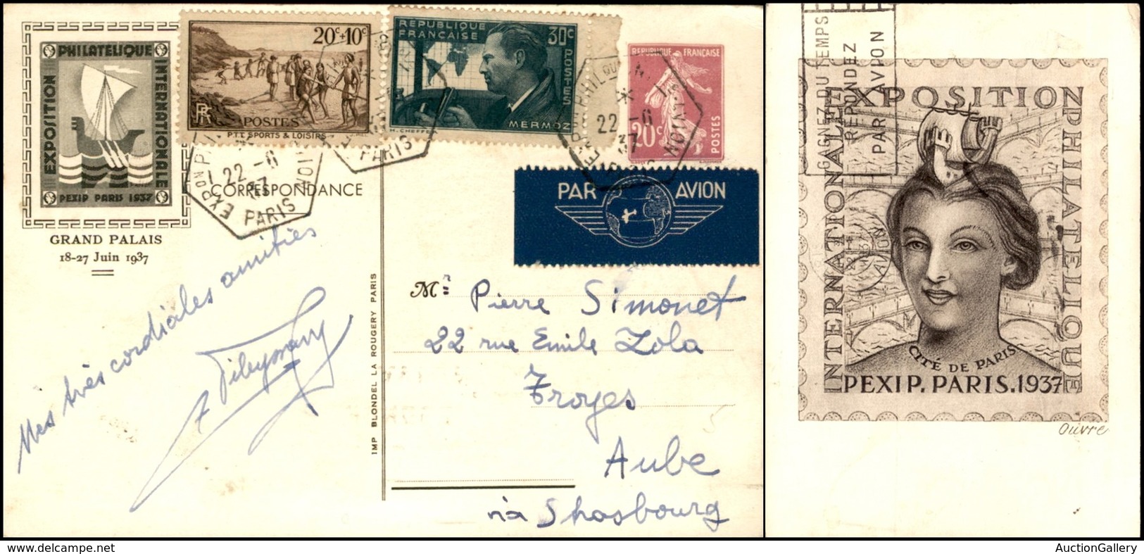 POSTA AEREA - AEROGRAMMI - PRIMI VOLI - FRANCIA - 1937 (22 Giugno) - Parigi Esposizione - Aerogramma Per Aube - Autres & Non Classés