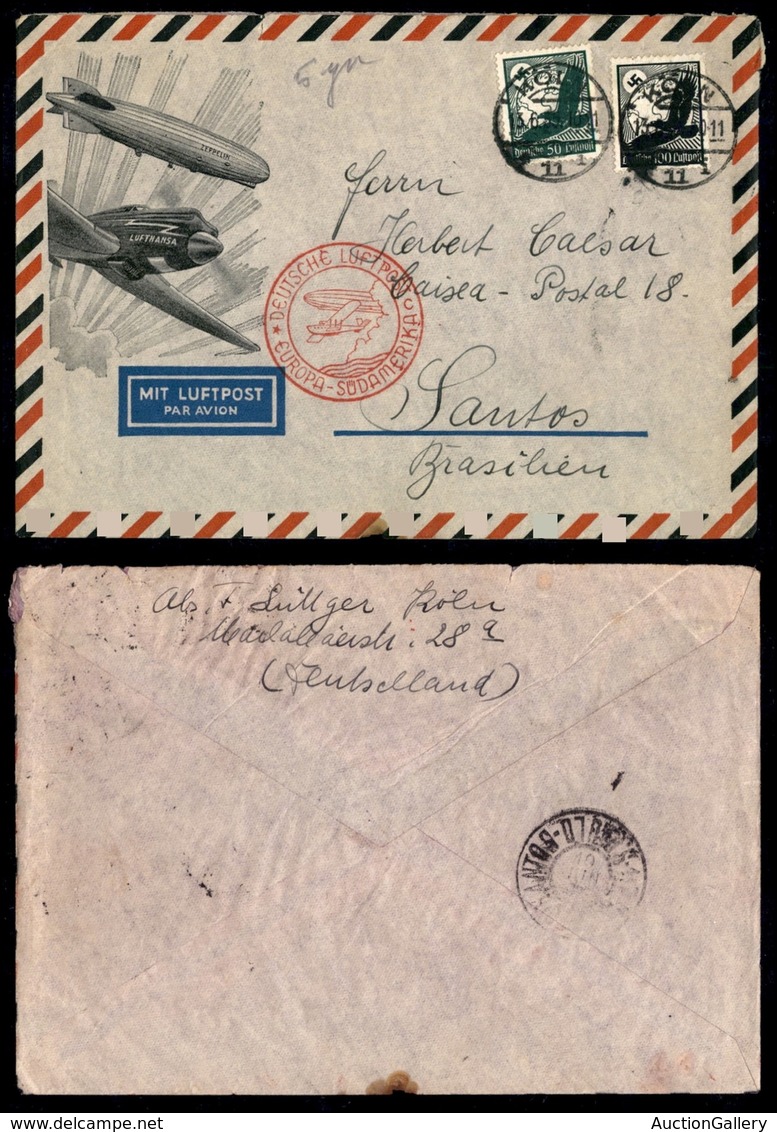 POSTA AEREA - AEROGRAMMI - PRIMI VOLI - GERMANIA  - 1935 (13 Giugno) - Europa Sud Amerika - Aerogramma Da Colonia A Sant - Sonstige & Ohne Zuordnung