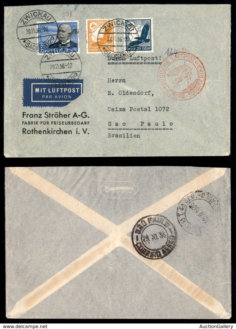 POSTA AEREA - AEROGRAMMI - PRIMI VOLI - GERMANIA  - 1936 (20 Novembre) - Europa Sud Amerika - Aerogramma Da Zurickau A S - Sonstige & Ohne Zuordnung