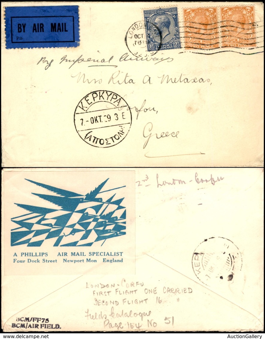 POSTA AEREA - AEROGRAMMI - PRIMI VOLI - GRAN BRETAGNA - 1929 (7 Ottobre) - Primo Volo Imperial Airways - Londra Corfù - Sonstige & Ohne Zuordnung