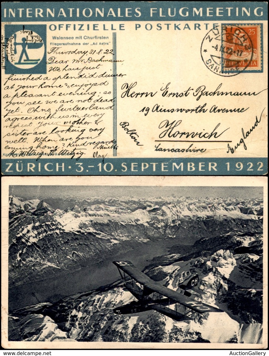 POSTA AEREA - AEROGRAMMI - PRIMI VOLI - SVIZZERA - 1922 (3/10 Settembre) - Zurigo Meeting Aviatorio - Cartolina Postale  - Andere & Zonder Classificatie