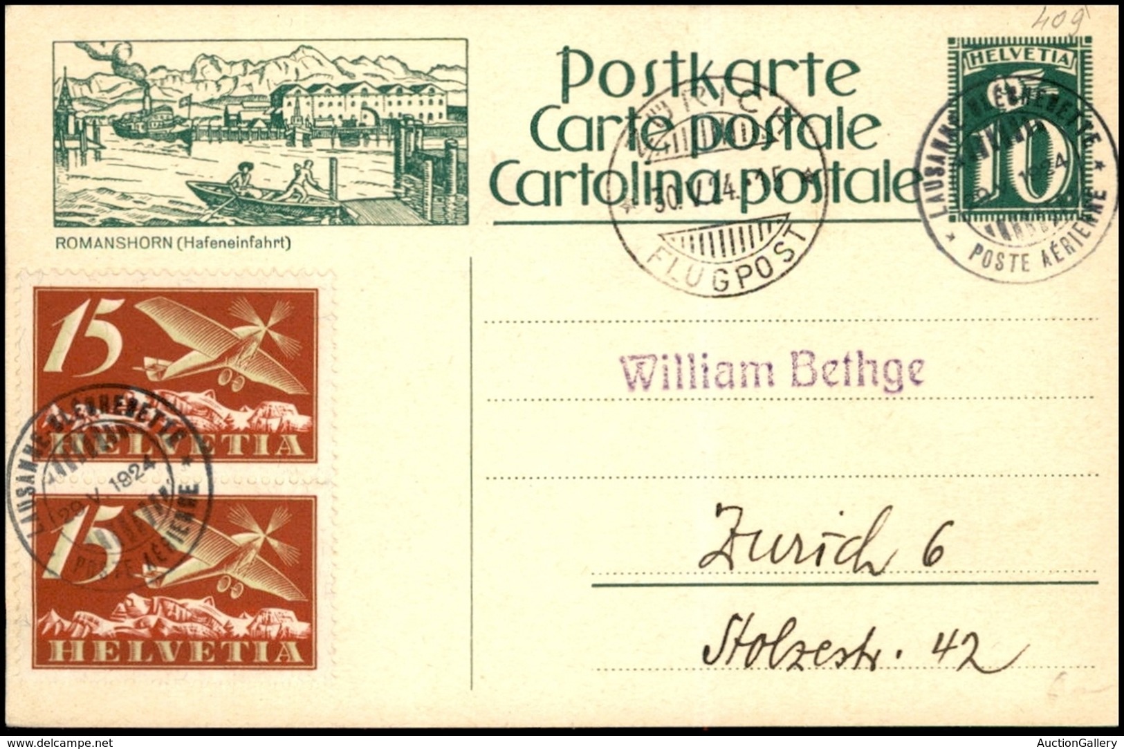 POSTA AEREA - AEROGRAMMI - PRIMI VOLI - SVIZZERA - 1924 (29 Maggio) - Losanna Blecherette - Aerogramma Per Zurigo - Sonstige & Ohne Zuordnung