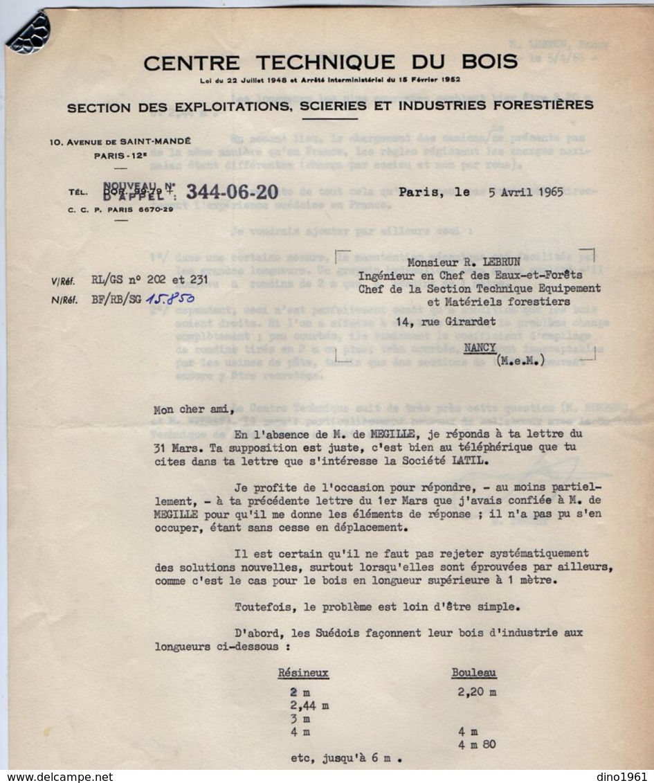 VP14.442 - PARIS 1965 - Lettre De Mr Le Directeur Du Centre Technique Du Bois à Mr LEBRUN Ingénieur En Chef ....à NANCY - Collections