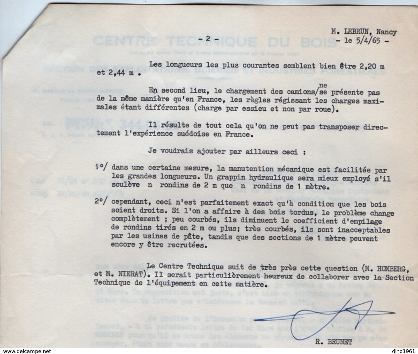 VP14.442 - PARIS 1965 - Lettre De Mr Le Directeur Du Centre Technique Du Bois à Mr LEBRUN Ingénieur En Chef ....à NANCY - Collections