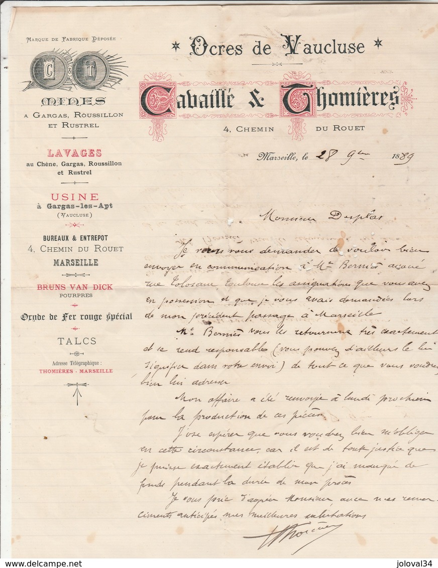 Lettre Illustrée 1889 CABAILLE & THOMIERES Ocres   Vaucluse Mines Gargas Roussillon Rustrel - MARSEILLE Bouches Du Rhône - 1800 – 1899