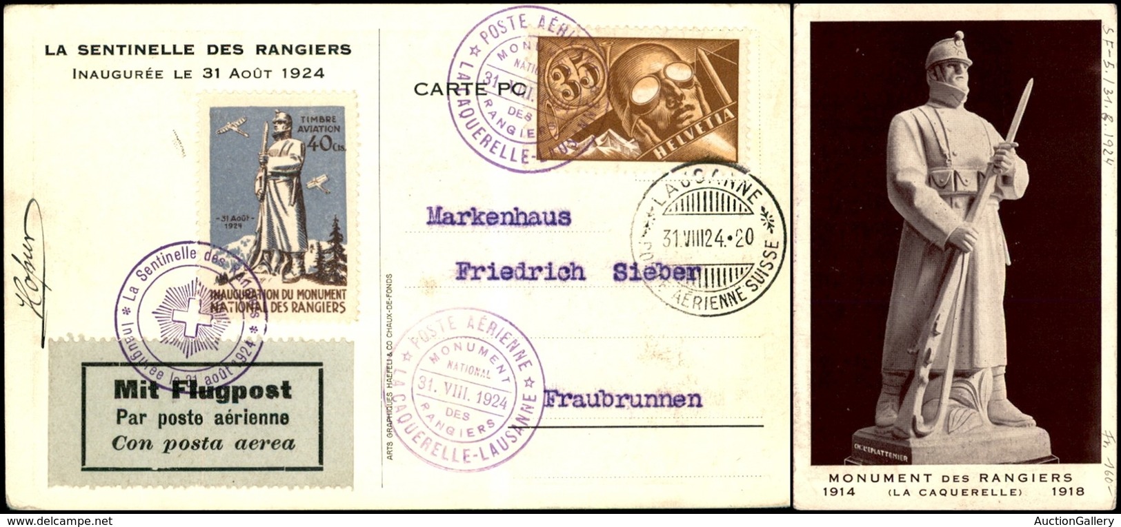 POSTA AEREA - AEROGRAMMI - PRIMI VOLI - SVIZZERA - 1924 (31 Agosto) - La Chaquerelle Lausanne - Cartolina Ufficiale Con  - Sonstige & Ohne Zuordnung