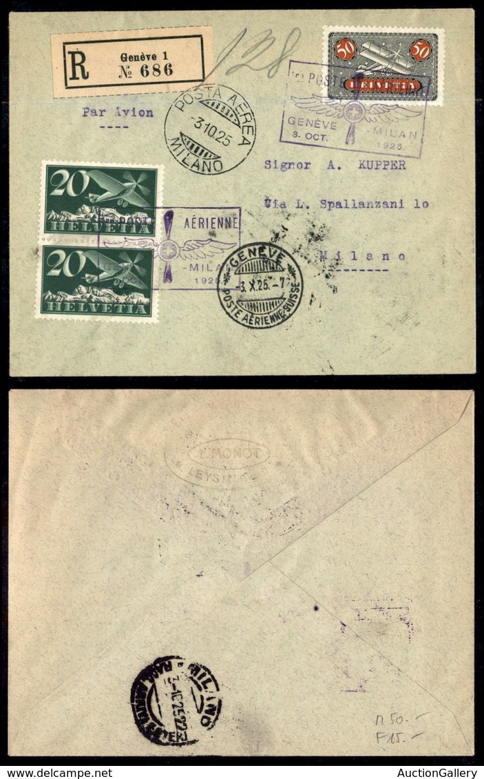 POSTA AEREA - AEROGRAMMI - PRIMI VOLI - SVIZZERA - 1925 (3 Ottobre) - Ginevra Milano - Aerogramma Raccomandato Del Volo - Other & Unclassified