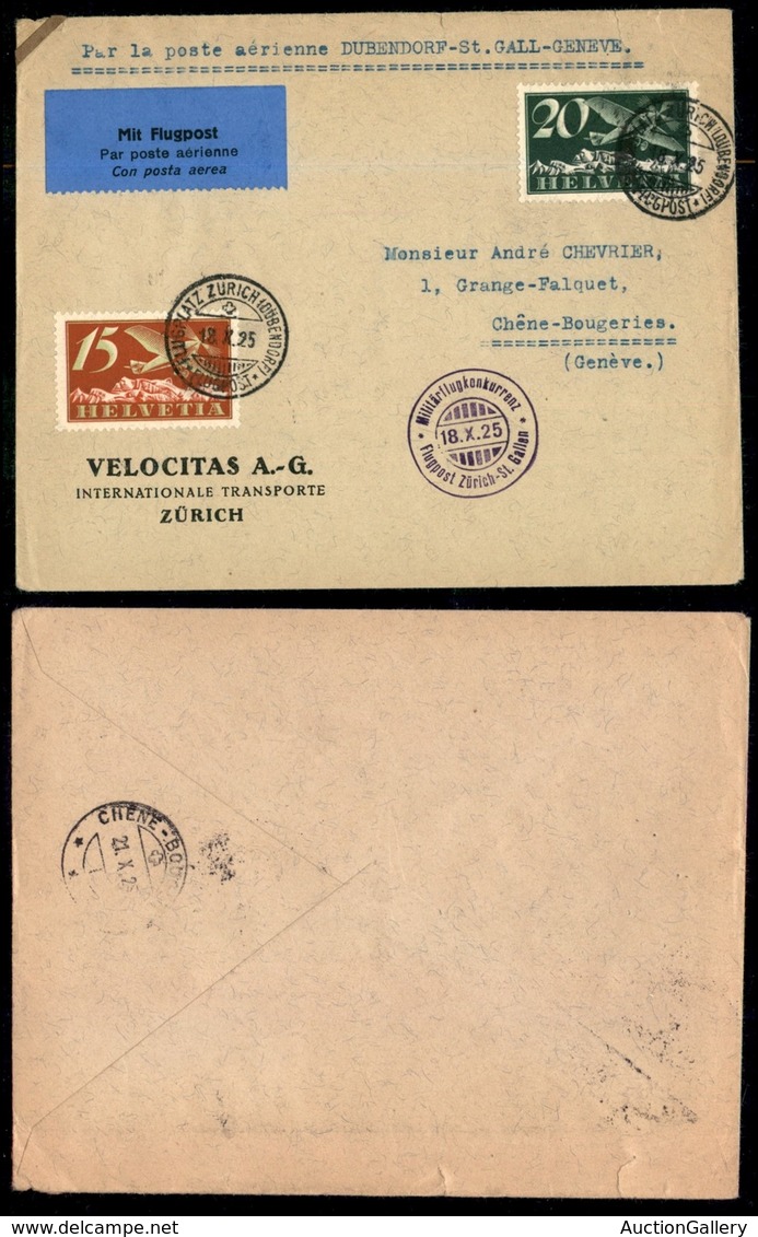 POSTA AEREA - AEROGRAMMI - PRIMI VOLI - SVIZZERA - 1925 (18 Ottobre) - Zurigo St. Gallen - Volo Militare - Other & Unclassified