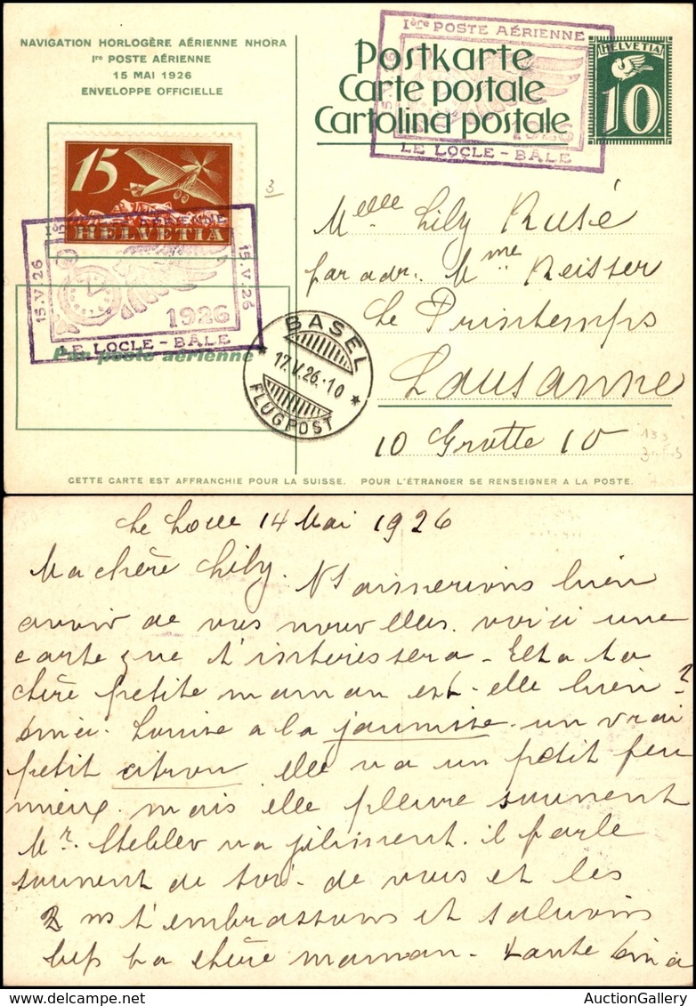 POSTA AEREA - AEROGRAMMI - PRIMI VOLI - SVIZZERA - 1926 (15 Maggio) - Le Locle Basilea - Cartolina Postale (Nhora) Per L - Other & Unclassified