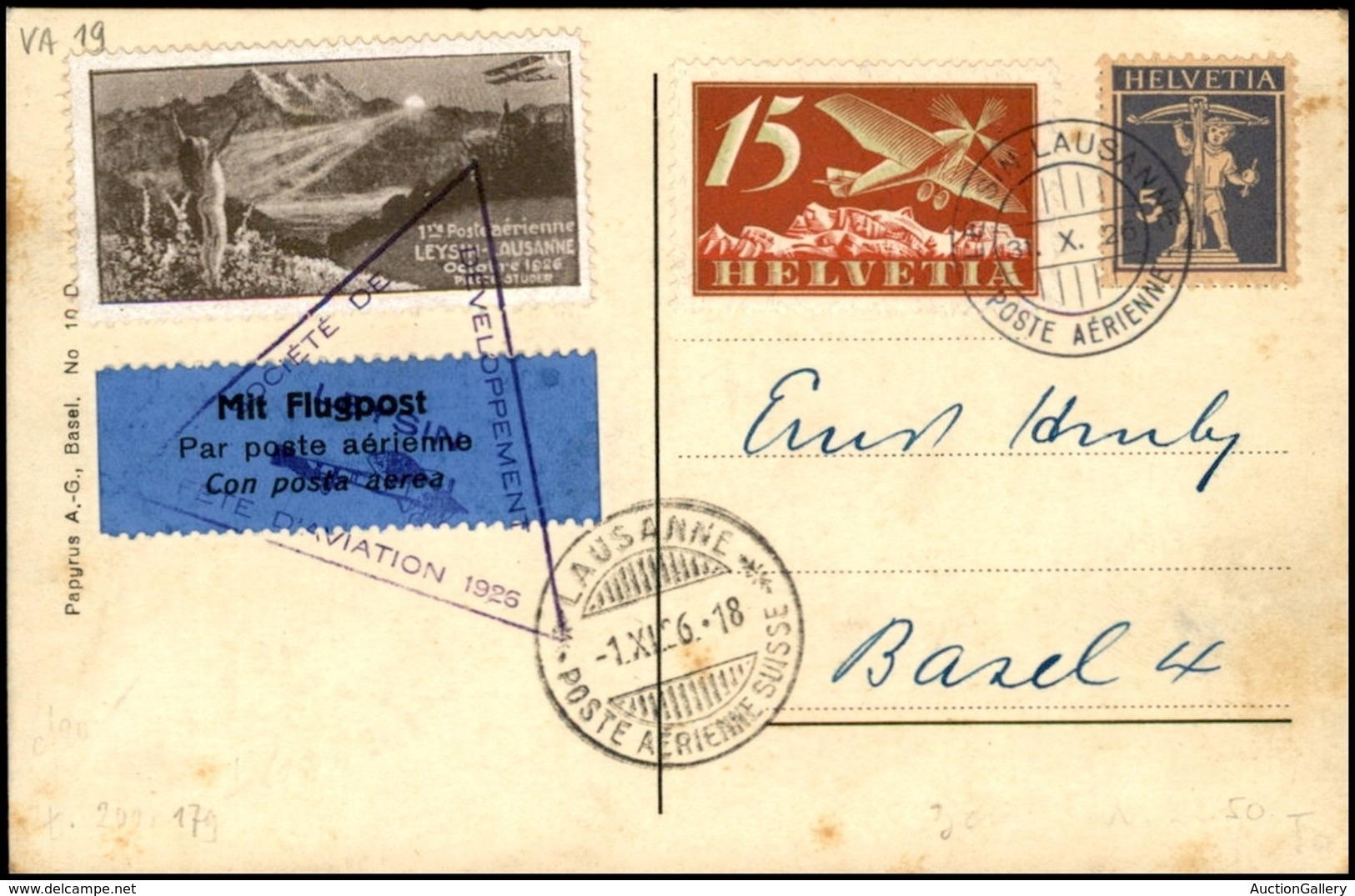 POSTA AEREA - AEROGRAMMI - PRIMI VOLI - SVIZZERA - 1926 (31 Ottobre) - Leisin Losanna - Cartolina Per Basilea Con Vignet - Other & Unclassified