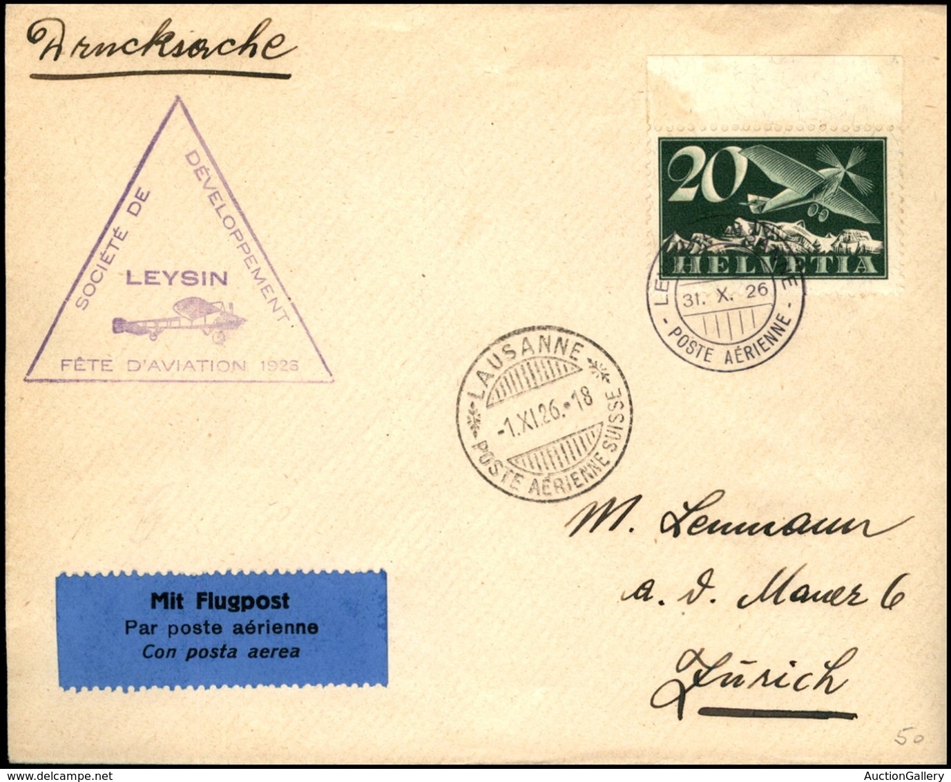 POSTA AEREA - AEROGRAMMI - PRIMI VOLI - SVIZZERA - 1926 (31 Ottobre) - Leisin Losanna - Aerogramma Per Zurigo - Other & Unclassified