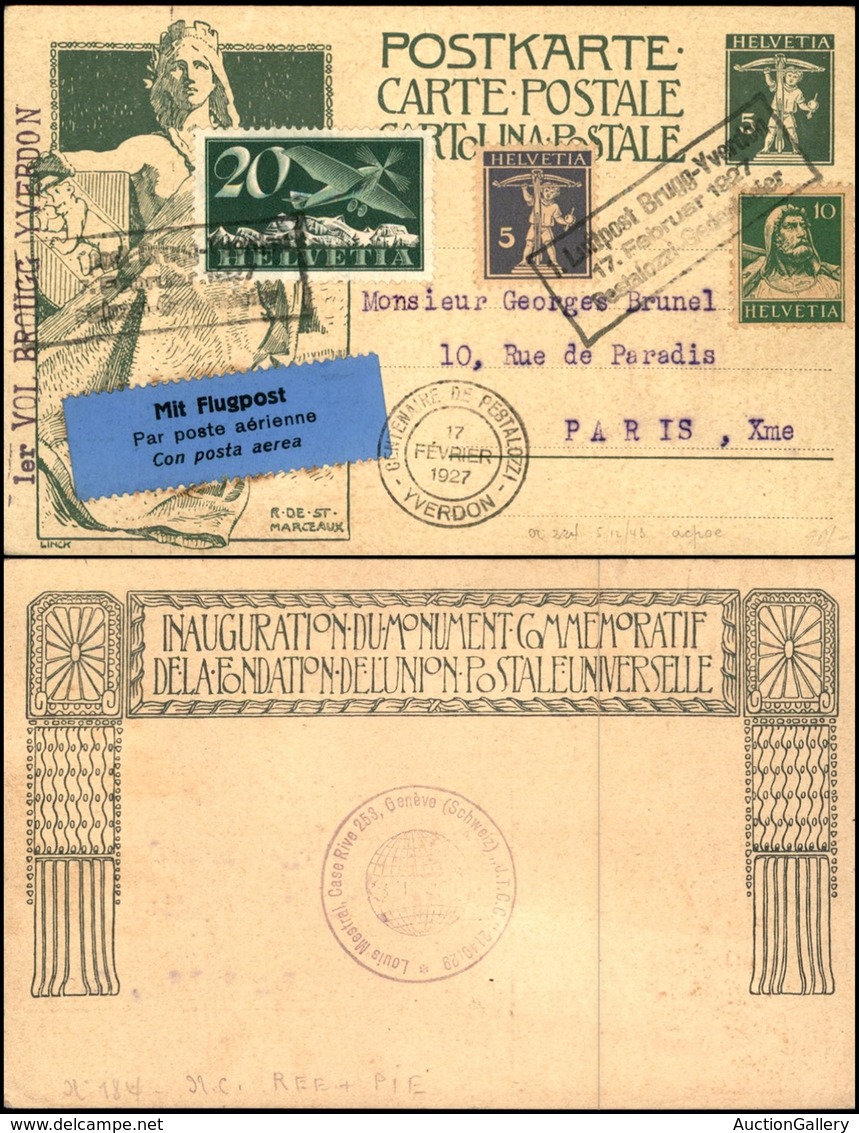POSTA AEREA - AEROGRAMMI - PRIMI VOLI - SVIZZERA - 1927 (17 Febbraio) Brougg Yverdon + Pestalozzi Gedenkfeier - Aerogram - Other & Unclassified