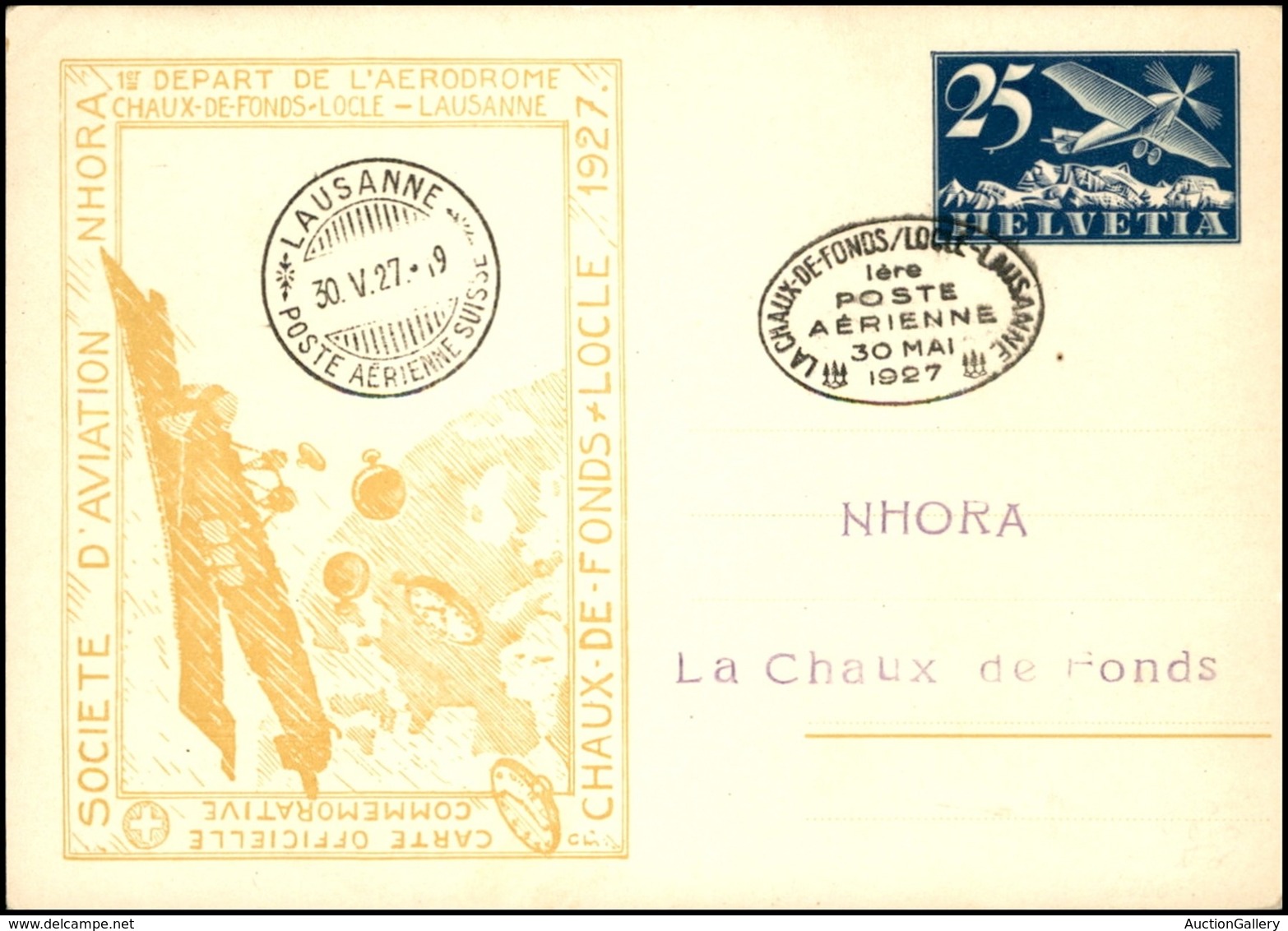 POSTA AEREA - AEROGRAMMI - PRIMI VOLI - SVIZZERA - 1927 (30 Maggio) - Chaux De Fonds Locle Lausanne - Cartolina Postale  - Other & Unclassified