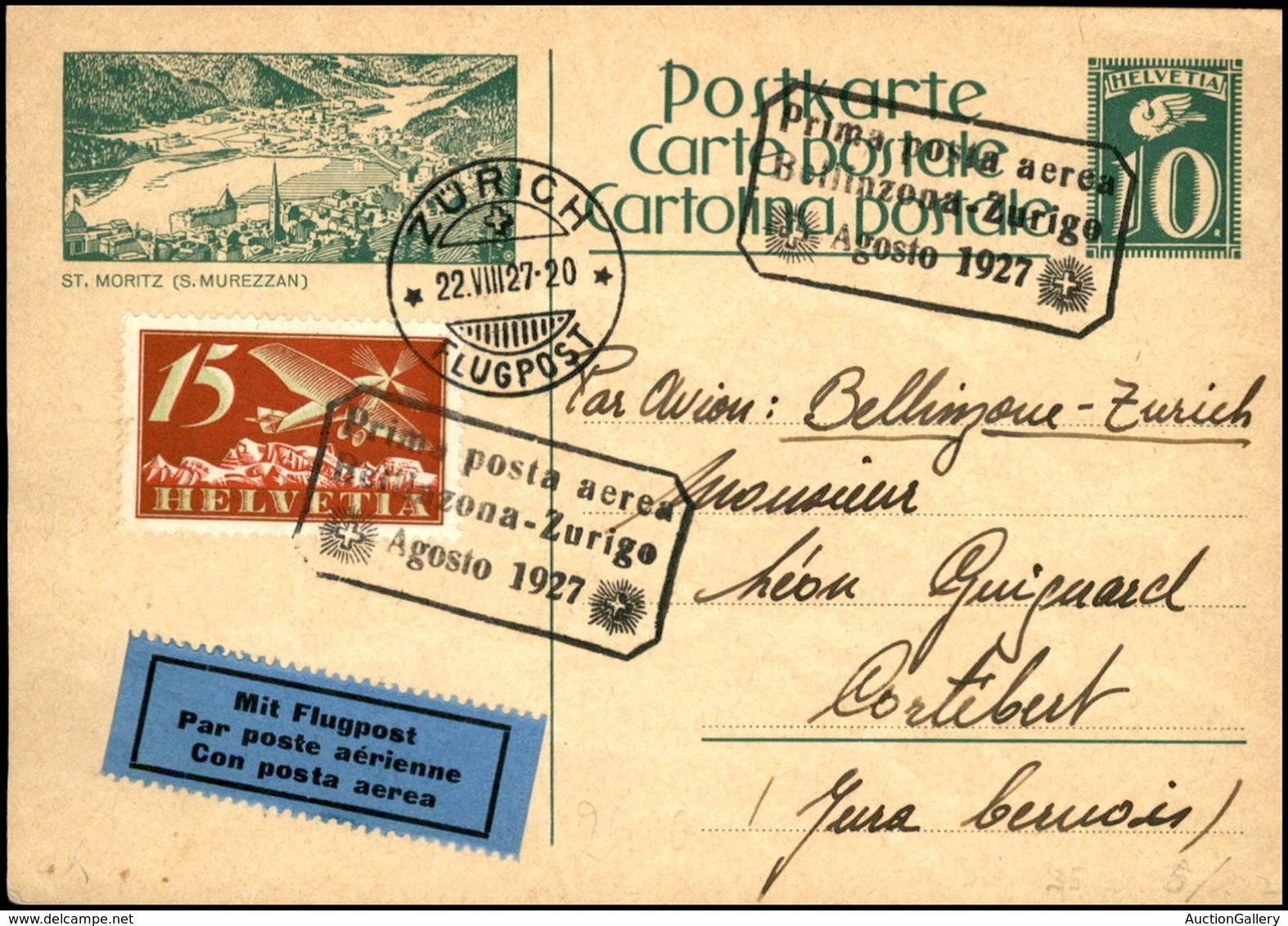 POSTA AEREA - AEROGRAMMI - PRIMI VOLI - SVIZZERA - 1927 (22 Agosto) - Bellinzona Zurigo - Cartolina Postale Per Cortiber - Sonstige & Ohne Zuordnung