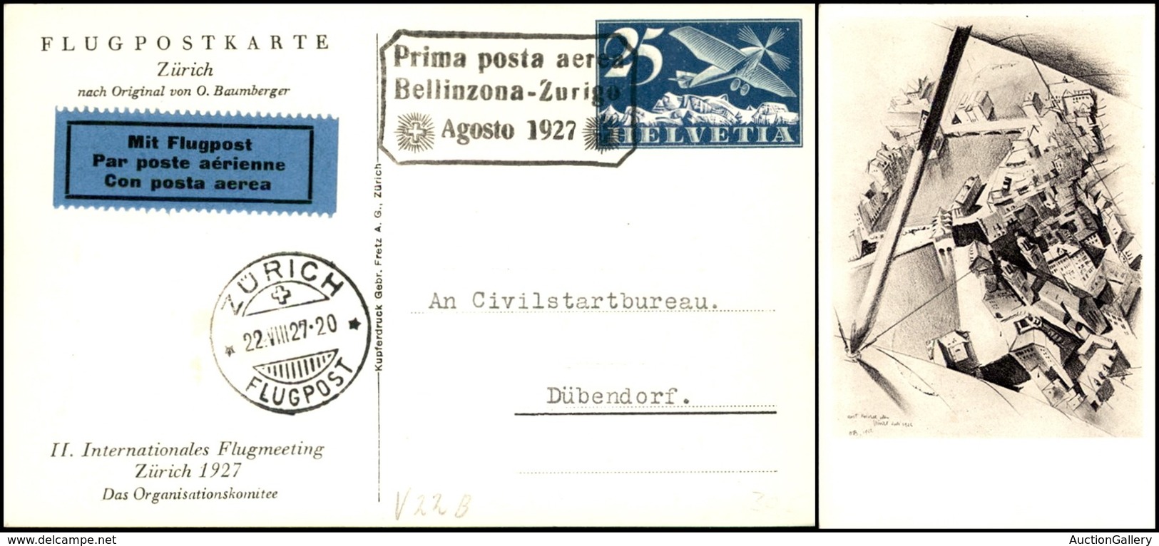 POSTA AEREA - AEROGRAMMI - PRIMI VOLI - SVIZZERA - 1927 (22 Agosto) - Bellinzona Zurigo - Cartolina Postale Per Dubendor - Autres & Non Classés