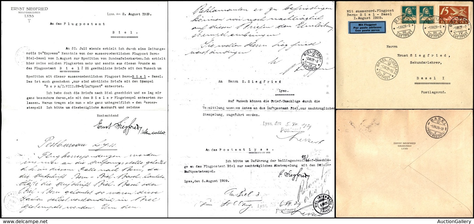 POSTA AEREA - AEROGRAMMI - PRIMI VOLI - SVIZZERA - 1929 (1 Agosto) - Bern Biel Basel - Aerogramma Del Volo (con Allegata - Other & Unclassified