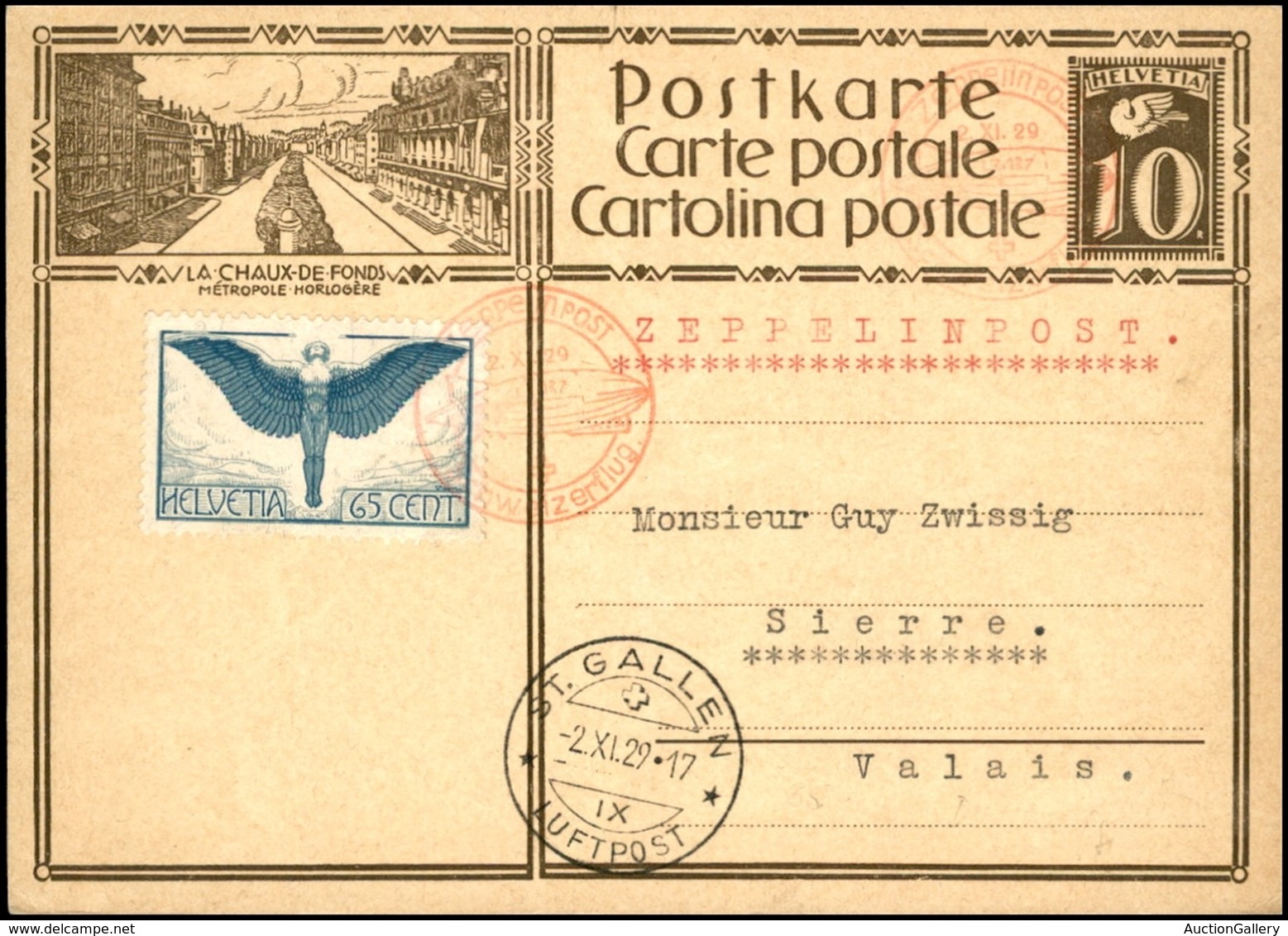 POSTA AEREA - AEROGRAMMI - PRIMI VOLI - SVIZZERA - 1929 (2 Novembre) - Zeppelinpost Schweizerflug - Aerogramma Da St. Ga - Sonstige & Ohne Zuordnung