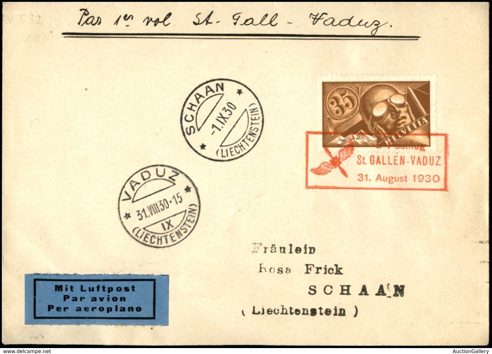 POSTA AEREA - AEROGRAMMI - PRIMI VOLI - SVIZZERA - 1930 (31 Agosto) - St. Gallen Vaduz - Aerogramma Per Schaan - Other & Unclassified