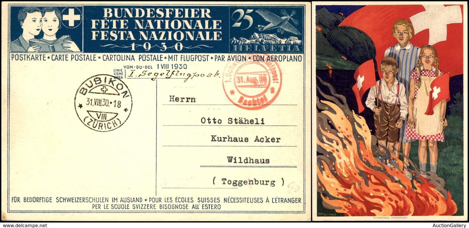 POSTA AEREA - AEROGRAMMI - PRIMI VOLI - SVIZZERA - 1930 (31 Agosto) - Segelflug Bachtel Bubikon - Cartolina Postale Per  - Andere & Zonder Classificatie