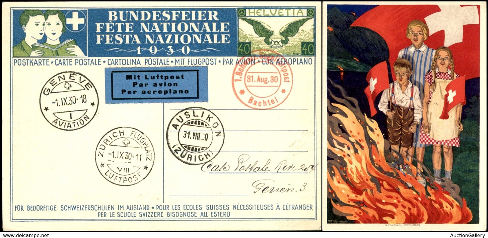POSTA AEREA - AEROGRAMMI - PRIMI VOLI - SVIZZERA - 1930 (31 Agosto) - Segelflug Bachtel Auslikon - Cartolina Postale Per - Other & Unclassified