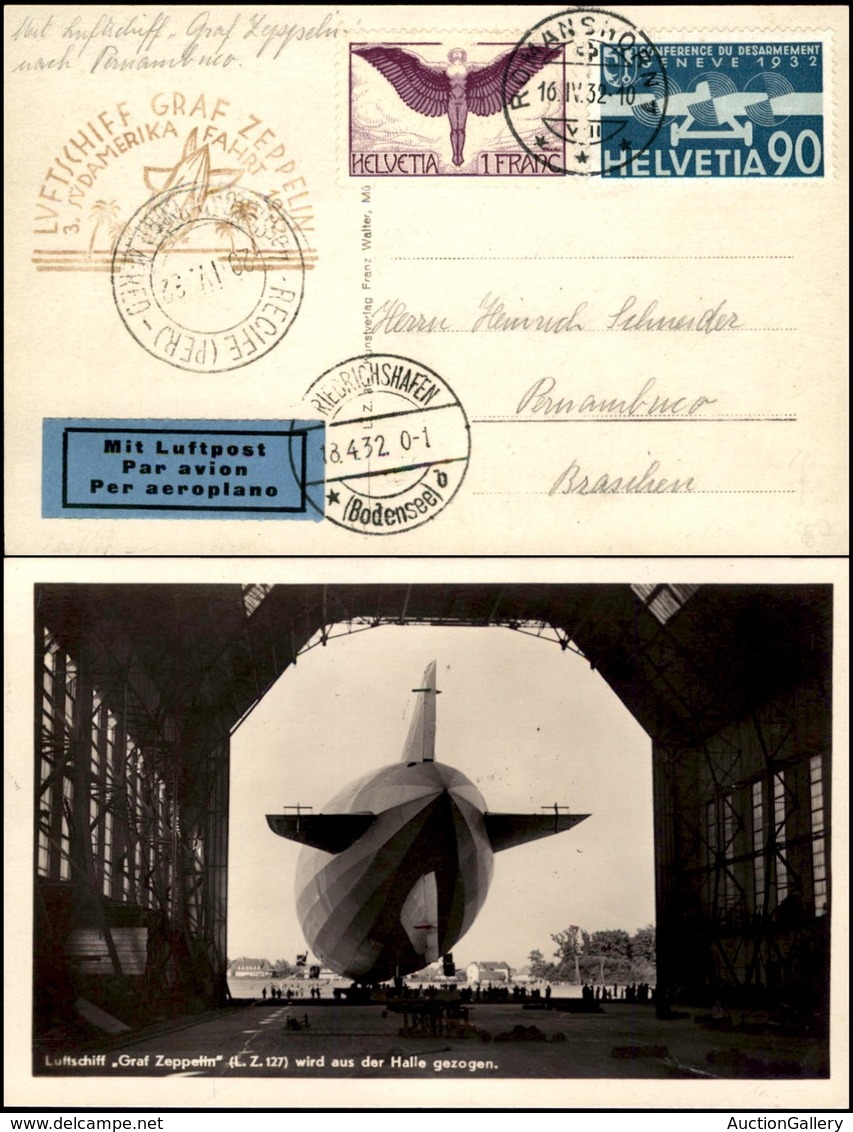 POSTA AEREA - AEROGRAMMI - PRIMI VOLI - SVIZZERA - 1932 (16 Aprile) - Zeppelin Sudamerika Fahrt - Cartolina Da Romanshor - Andere & Zonder Classificatie