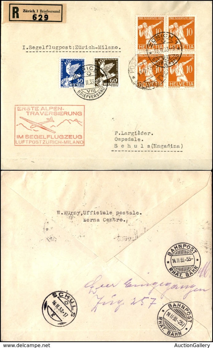 POSTA AEREA - AEROGRAMMI - PRIMI VOLI - SVIZZERA - 1933 (13 Febbraio) - Zurigo Milano - Aerogramma Raccomandato Da Zurig - Sonstige & Ohne Zuordnung
