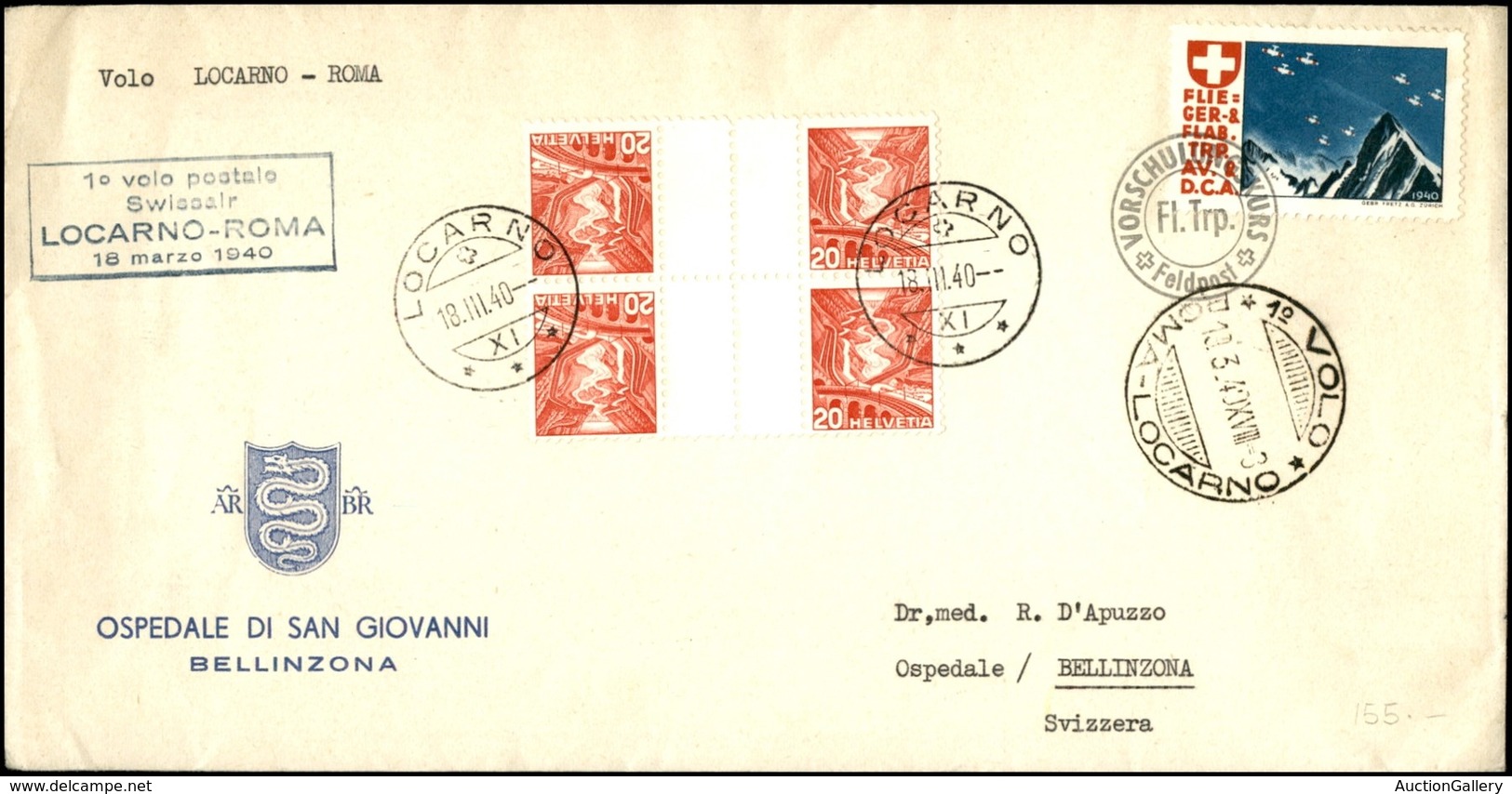POSTA AEREA - AEROGRAMMI - PRIMI VOLI - SVIZZERA - 1940 (18 Marzo) - Locarno Roma - Aerogramma Per Bellinzona - Other & Unclassified