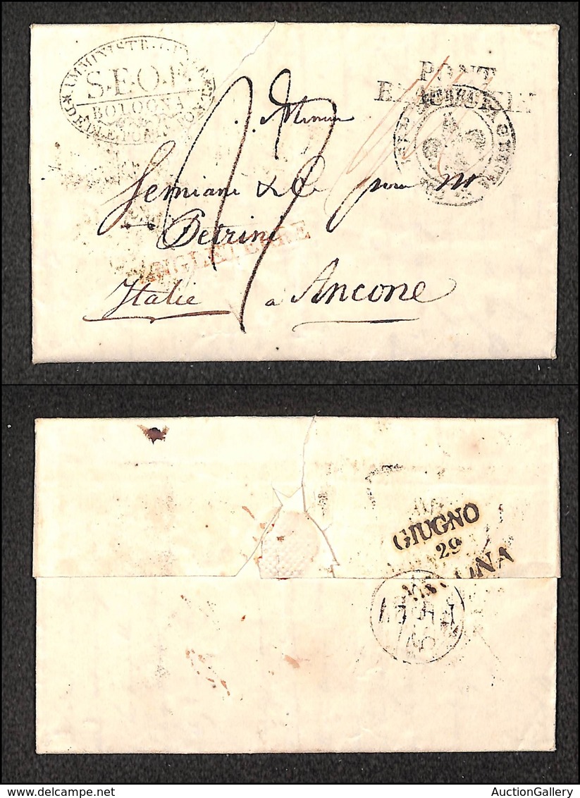 PREFILATELICHE - 1827 (6 Giugno) - Angleterre (rosso) + Pout Beauvaisin + Corrisp Da Genova + S.F.O.F. Bologna - Lettera - Andere & Zonder Classificatie