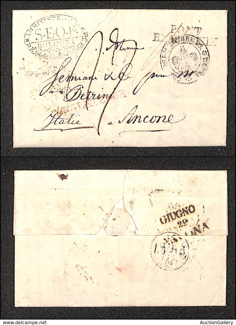 PREFILATELICHE - 1827 (6 Giugno) - Angleterre (rosso) + Pout Beauvaisin + Corrisp Da Genova + S.F.O.F. Bologna - Lettera - Autres & Non Classés