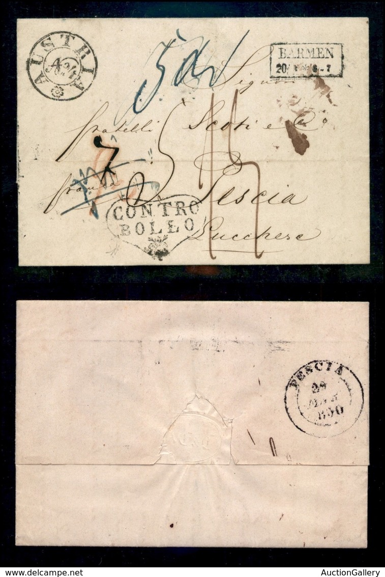 PREFILATELICHE - 1850 (20 Marzo) - Barmen - Lettera Per Pescia - Austria N.4 + Controbollo - Other & Unclassified