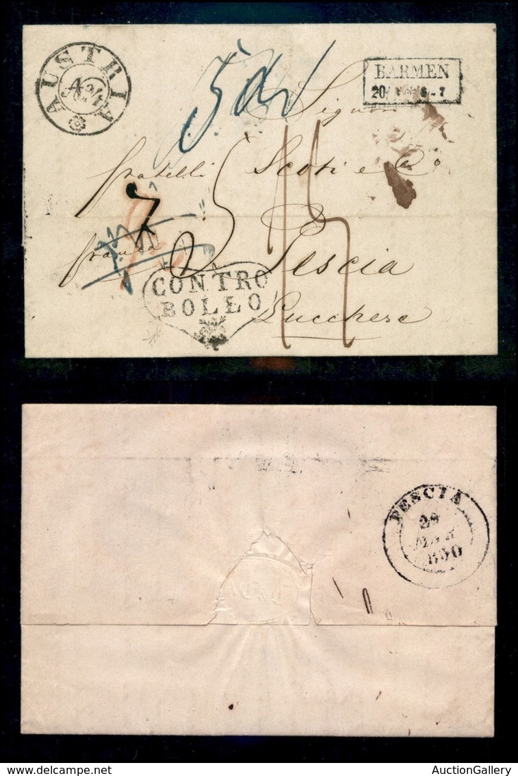 PREFILATELICHE - 1850 (20 Marzo) - Barmen - Lettera Per Pescia - Austria N.4 + Controbollo - Autres & Non Classés