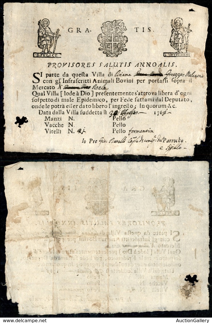 DOCUMENTI - VARIE - CARTOLINE - 1761 (3 Agosto) - Fede Di Sanità - Trasporto Di Bovini A Noale - Autres & Non Classés