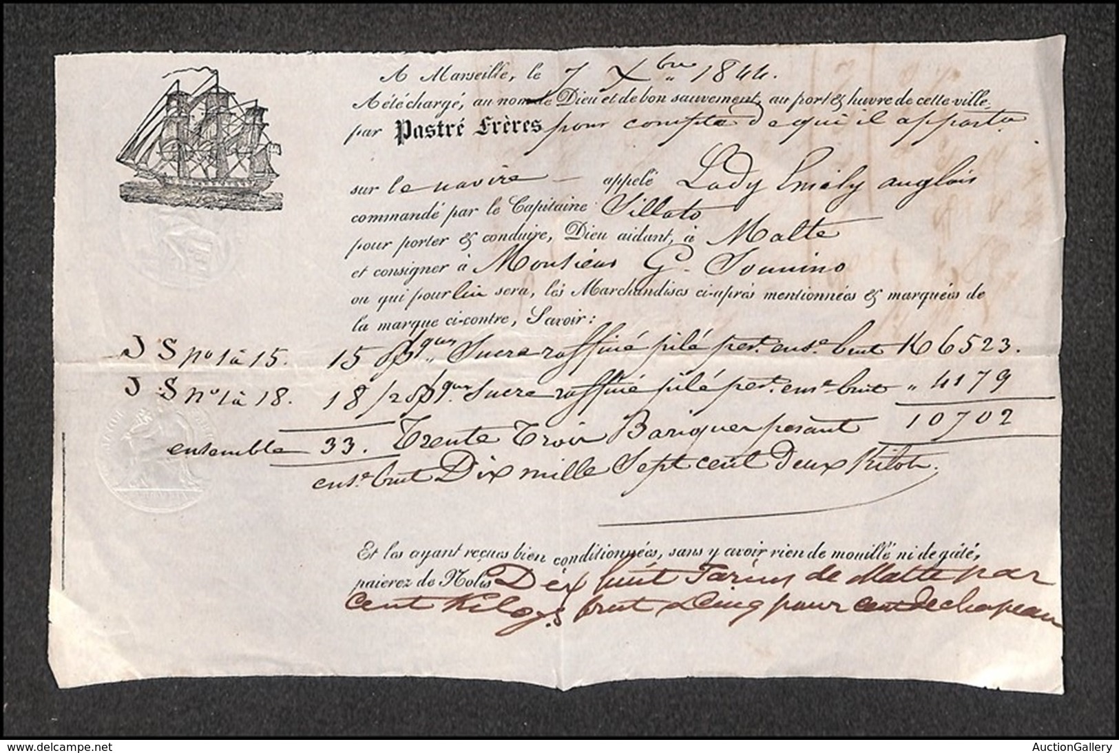 DOCUMENTI - VARIE - CARTOLINE - 1844 (7 Settembre) - Marsiglia - Polizza Di Carico Per Malta - Other & Unclassified