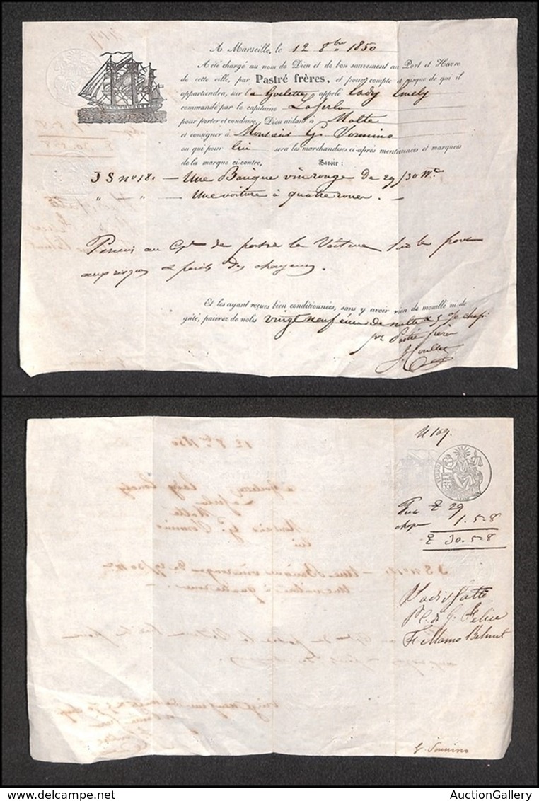 DOCUMENTI - VARIE - CARTOLINE - 1850 (12 Ottobre) - Marsiglia - Polizza Di Carico Per Malta - Altri & Non Classificati