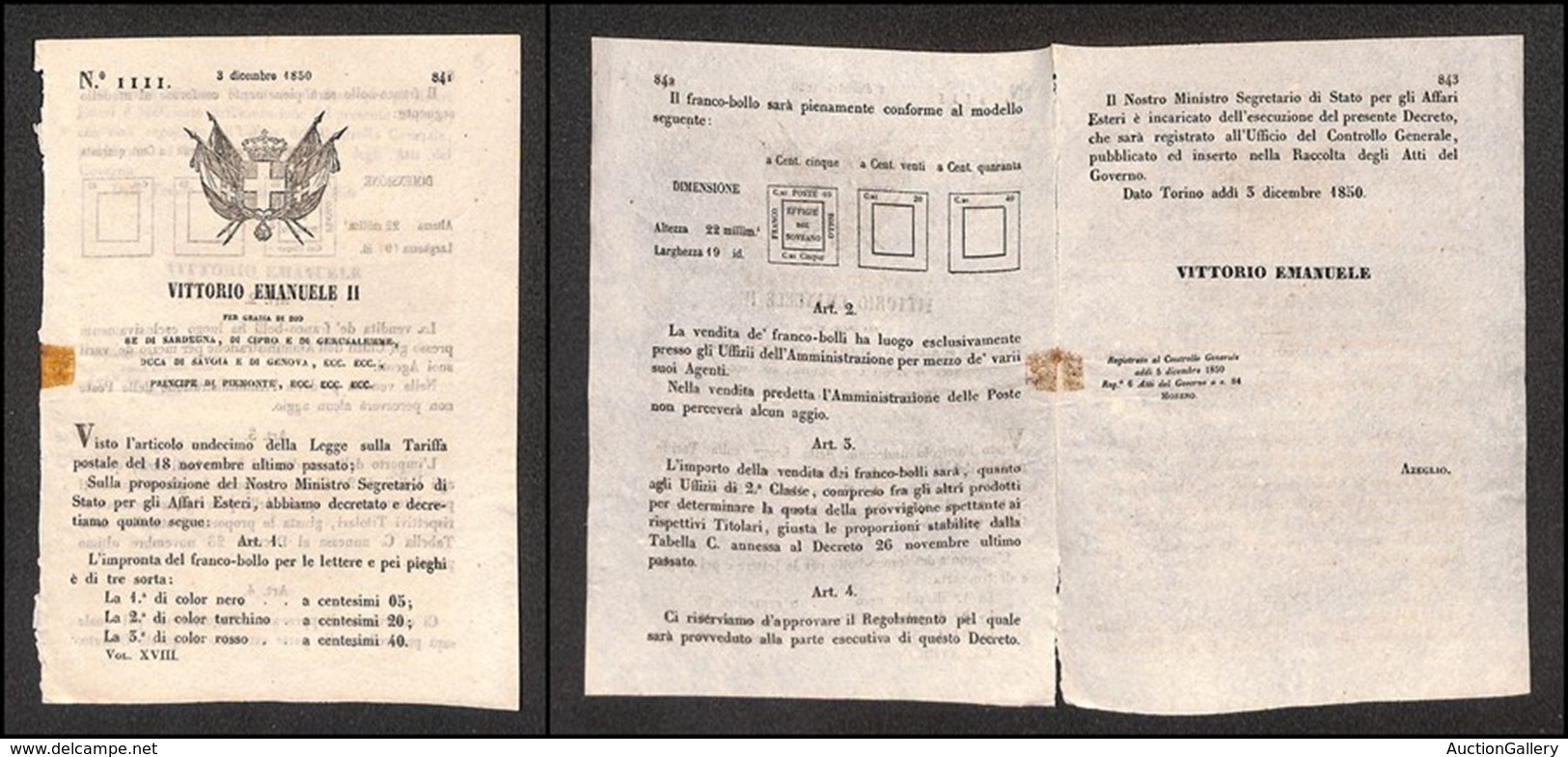 DOCUMENTI - VARIE - CARTOLINE - 1850 - Torino 3 Dicembre - Decreto 1111 (4 Pagine) Per I 3 Valori Della Prima Emissione - Sonstige & Ohne Zuordnung