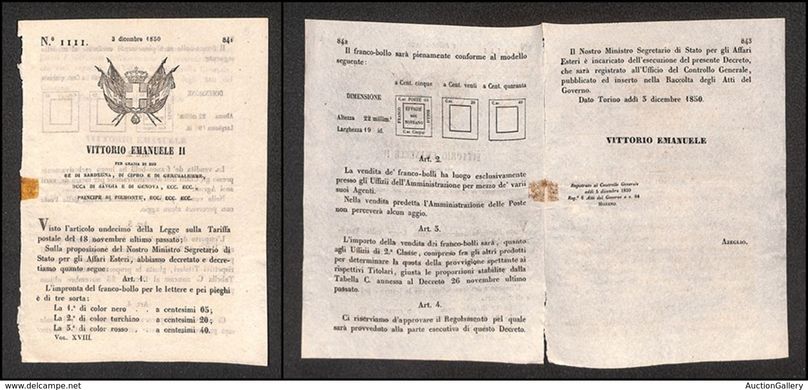 DOCUMENTI - VARIE - CARTOLINE - 1850 - Torino 3 Dicembre - Decreto 1111 (4 Pagine) Per I 3 Valori Della Prima Emissione - Altri & Non Classificati